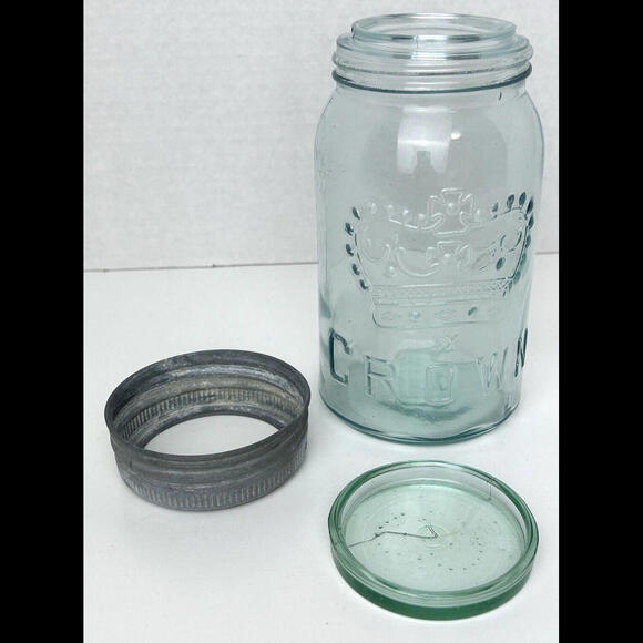 Antique CROWN Quart Aqua Blue Glass Canning Jar Zinc Ring Glass Lid Complete - Picture 11 of 14